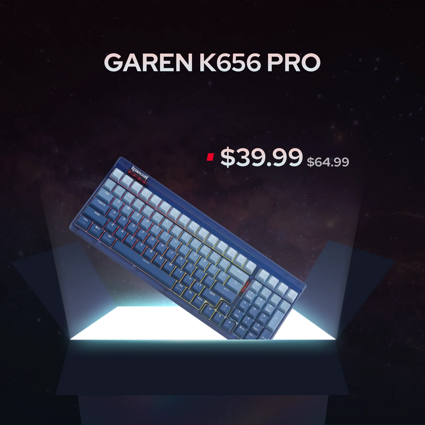 A Garen K656 Pro mechanical keyboard shown at an angle on a glowing platform against a dark space-like background, with text displaying the model name and a reduced price from $64.99 to $39.