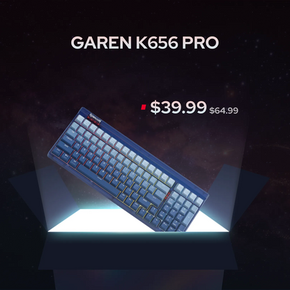 A Garen K656 Pro mechanical keyboard shown at an angle on a glowing platform against a dark space-like background, with text displaying the model name and a reduced price from $64.99 to $39.