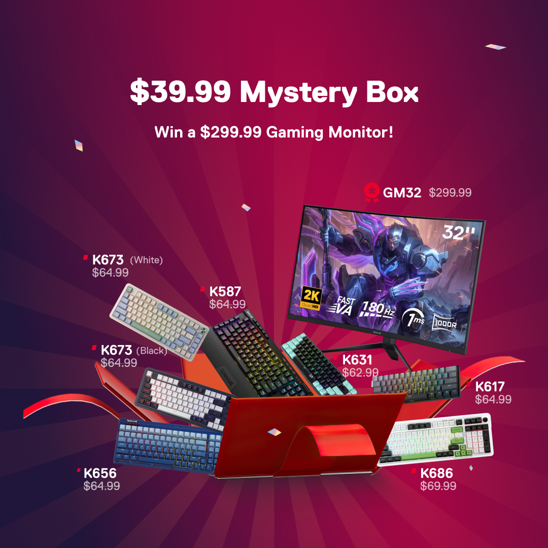 Redragon $39.99 mystery box with gaming monitor and keyboards on a red background.