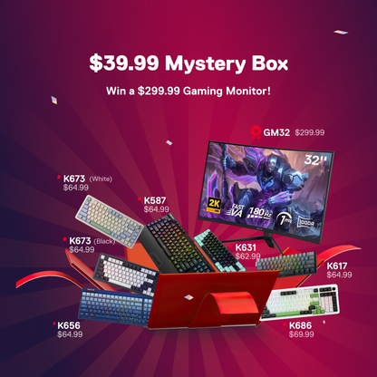 Redragon $39.99 mystery box with gaming monitor and keyboards on a red background.