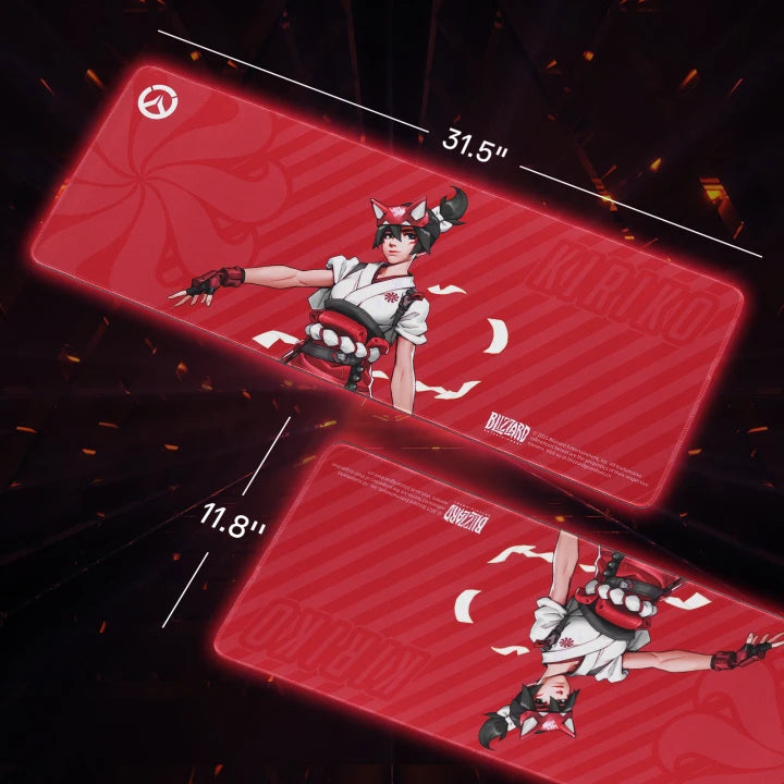 This image displays an Overwatch Kiriko-themed red mouse pad (31.5"×11.8"), featuring Kiriko’s illustration, the Overwatch logo, set against a city night backdrop.
