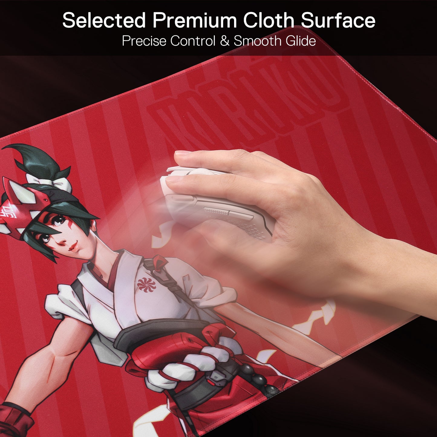 A hand glides a mouse on the Kiriko mouse pad, highlighting its "Selected Premium Cloth Surface" that enables precise control and smooth movement.