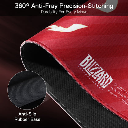 A close-up of the mouse pad’s edge shows 360° anti-fray stitching and an anti-slip rubber base, emphasizing durability and stability during use.