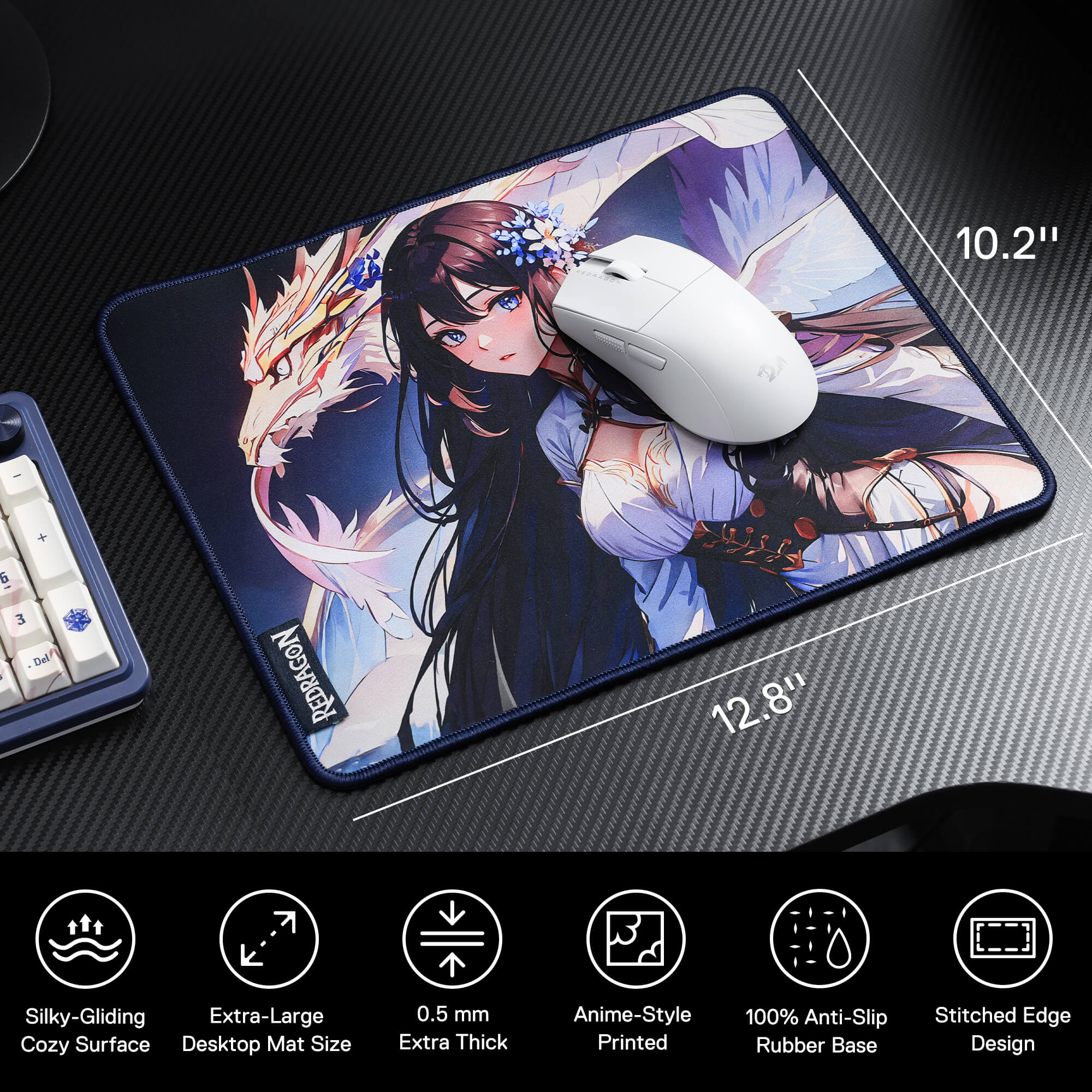 Redragon P046 Anime Blue Gaming Mouse Pad - Smooth Lycra Surface, Anti-Slip Rubber Base, Spill-Resistant, Durable 3mm Thick Design, Available in Small (13x10 in) & Large (35x16 in), Perfect for Gaming & Work