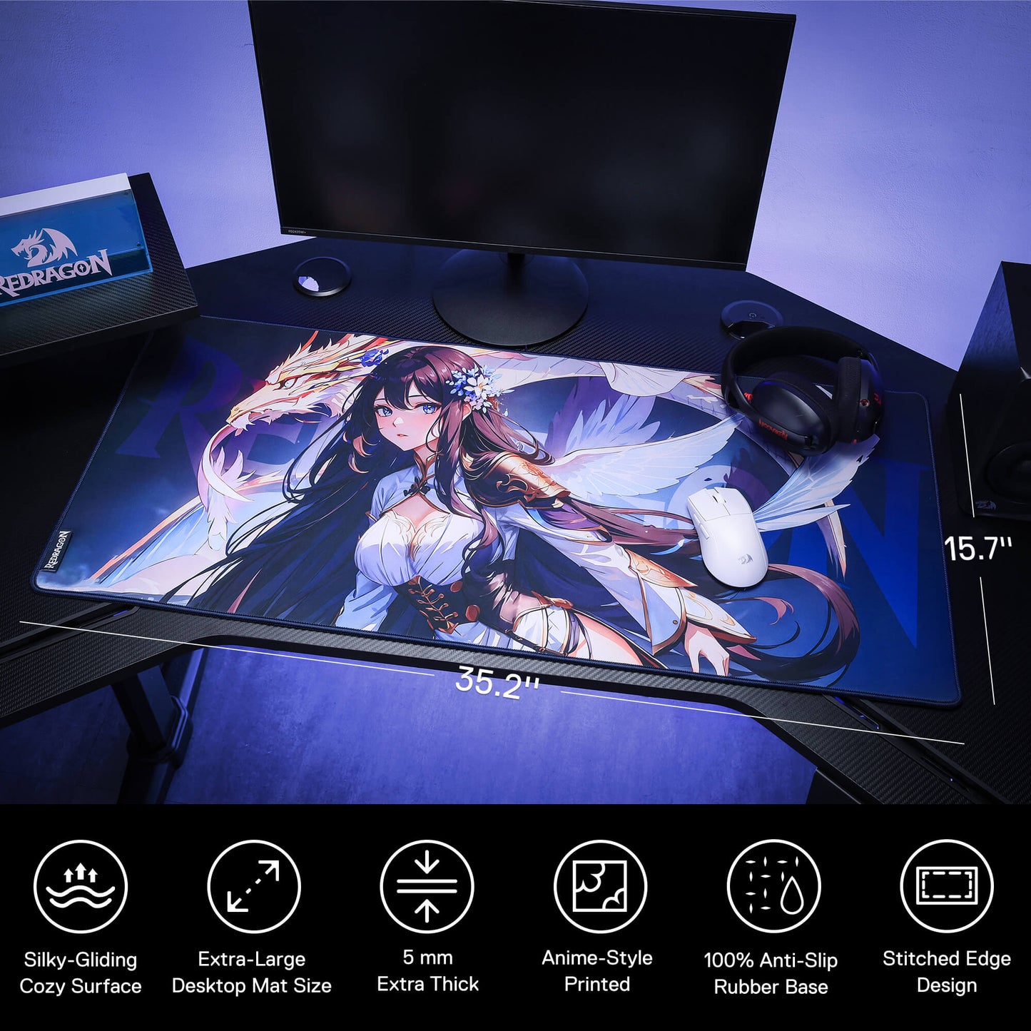 Redragon P046 Anime Blue Gaming Mouse Pad - Smooth Lycra Surface, Anti-Slip Rubber Base, Spill-Resistant, Durable 3mm Thick Design, Available in Small (13x10 in) & Large (35x16 in), Perfect for Gaming & Work