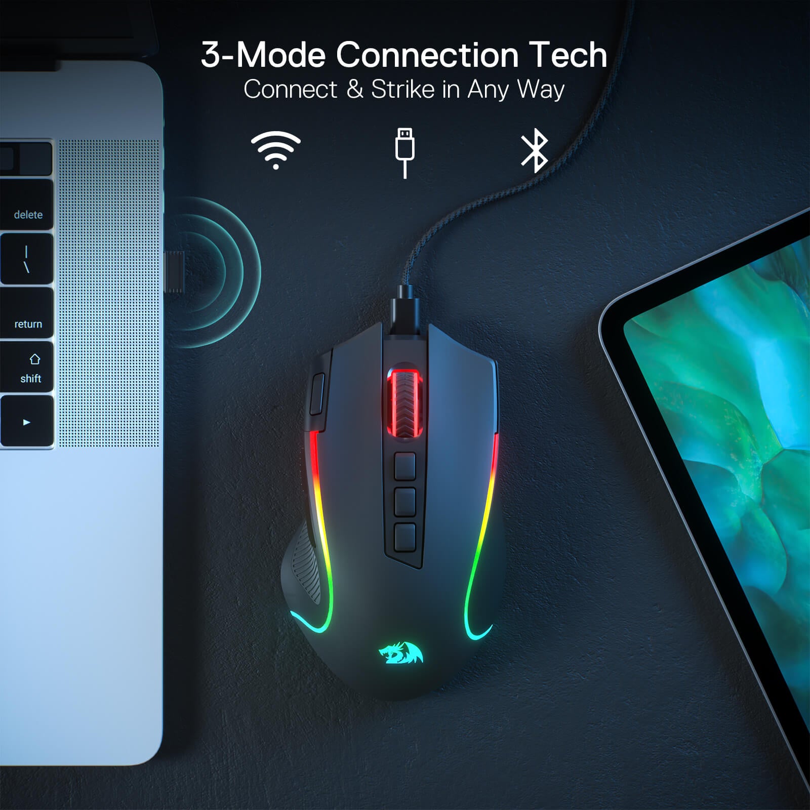 Redragon M612 PRO RGB Gaming Mouse, 8000 DPI Wired/Wireless Optical Gamer Mouse with 7 Programmable Buttons & 7 Backlit Modes, BT & 2.4G Wireless, Software Supports DIY Keybinds Rapid Fire Button