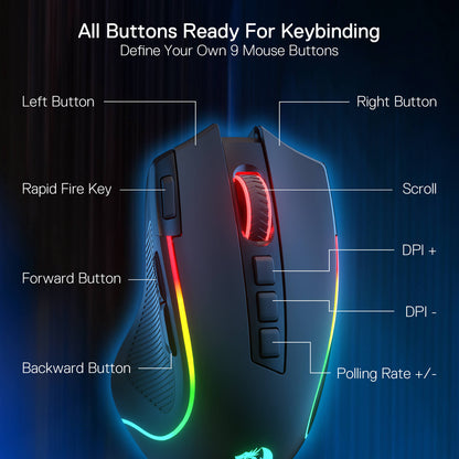 Redragon M612 PRO RGB Gaming Mouse, 8000 DPI Wired/Wireless Optical Gamer Mouse with 7 Programmable Buttons & 7 Backlit Modes, BT & 2.4G Wireless, Software Supports DIY Keybinds Rapid Fire Button