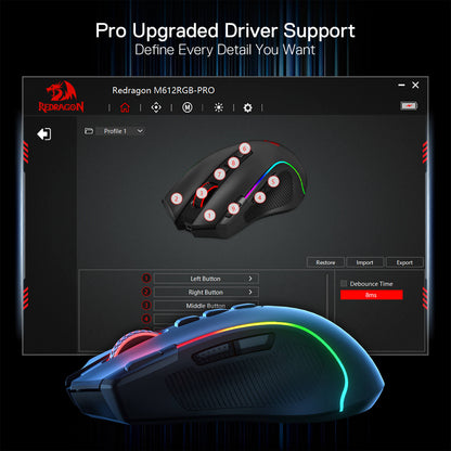 Redragon M612 PRO RGB Gaming Mouse, 8000 DPI Wired/Wireless Optical Gamer Mouse with 7 Programmable Buttons & 7 Backlit Modes, BT & 2.4G Wireless, Software Supports DIY Keybinds Rapid Fire Button