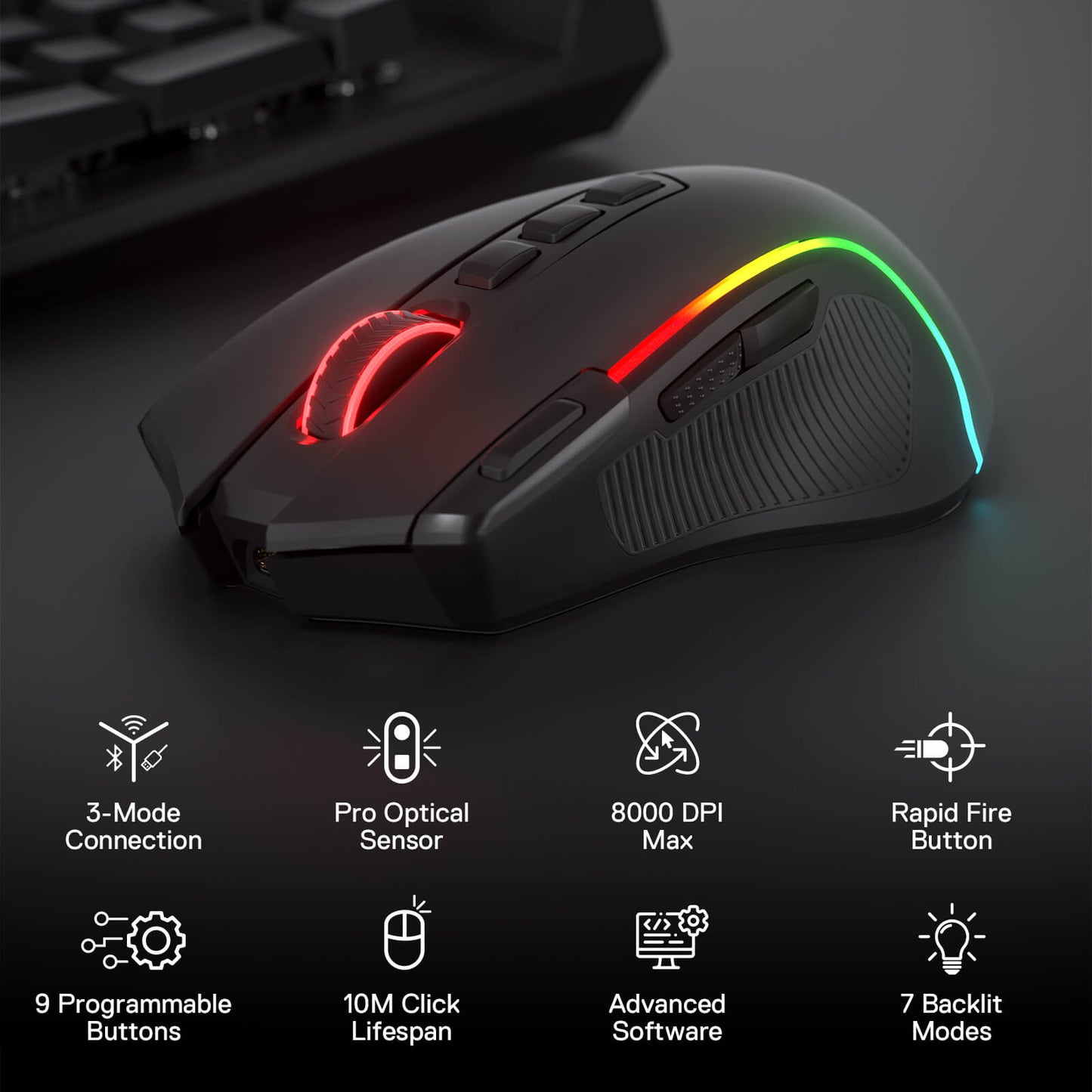 Redragon M612 PRO RGB Gaming Mouse, 8000 DPI Wired/Wireless Optical Gamer Mouse with 7 Programmable Buttons & 7 Backlit Modes, BT & 2.4G Wireless, Software Supports DIY Keybinds Rapid Fire Button