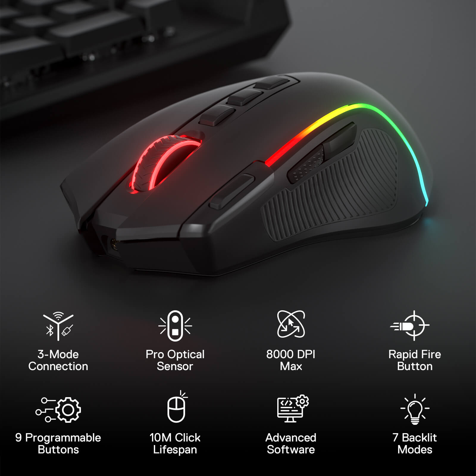 Redragon M612 PRO RGB Gaming Mouse, 8000 DPI Wired/Wireless Optical Gamer Mouse with 7 Programmable Buttons & 7 Backlit Modes, BT & 2.4G Wireless, Software Supports DIY Keybinds Rapid Fire Button