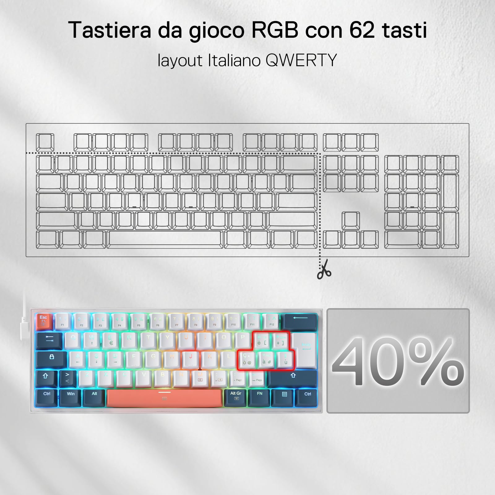 Tastiera da gioco Redragon K617 Fizz 60% con cavo e illuminazione RGB, layout QWERTY italiano