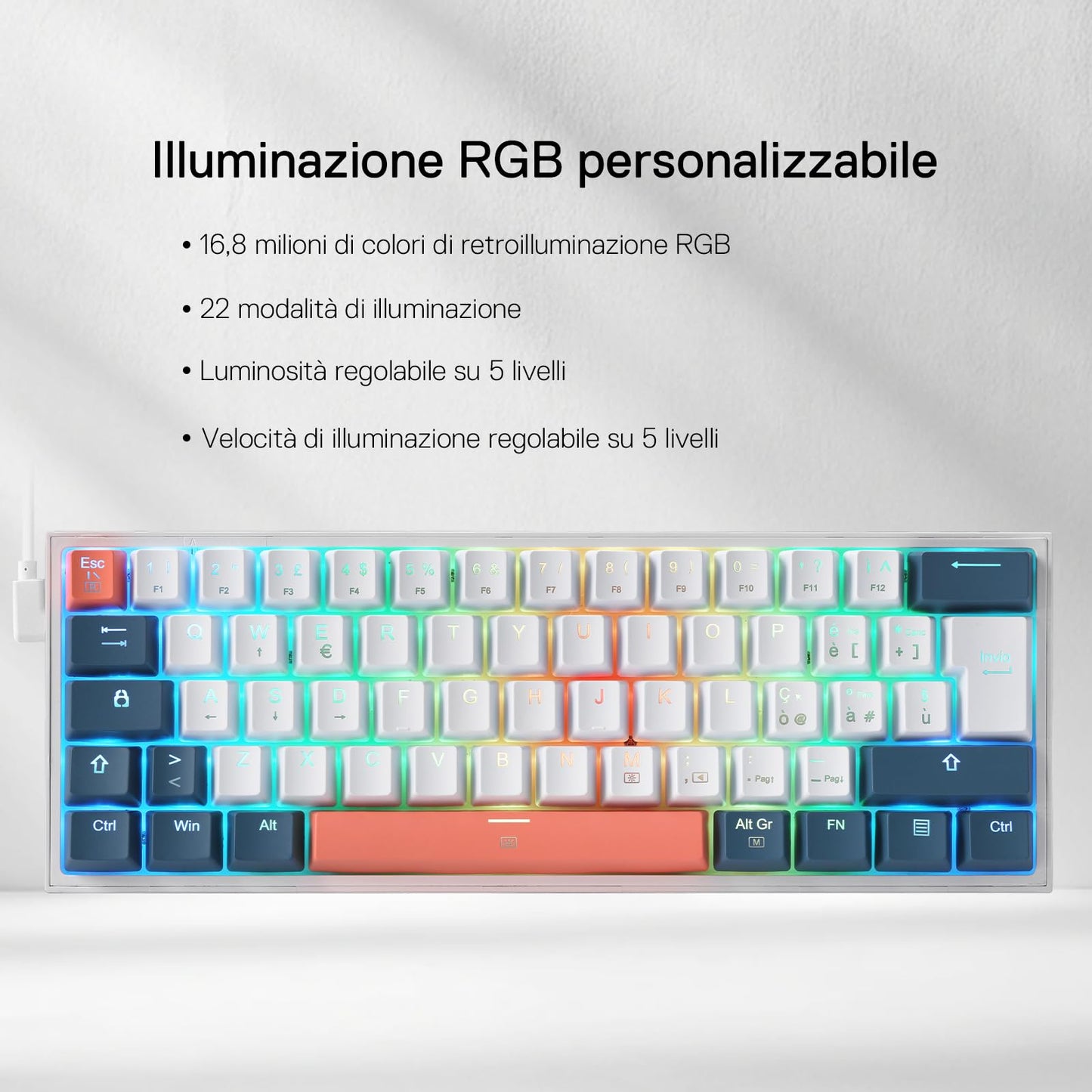 Tastiera da gioco Redragon K617 Fizz 60% con cavo e illuminazione RGB, layout QWERTY italiano
