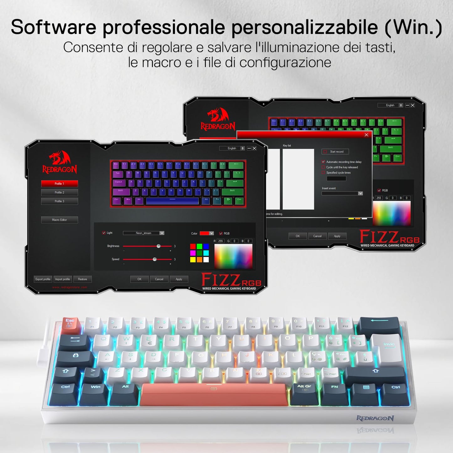 Tastiera da gioco Redragon K617 Fizz 60% con cavo e illuminazione RGB, layout QWERTY italiano