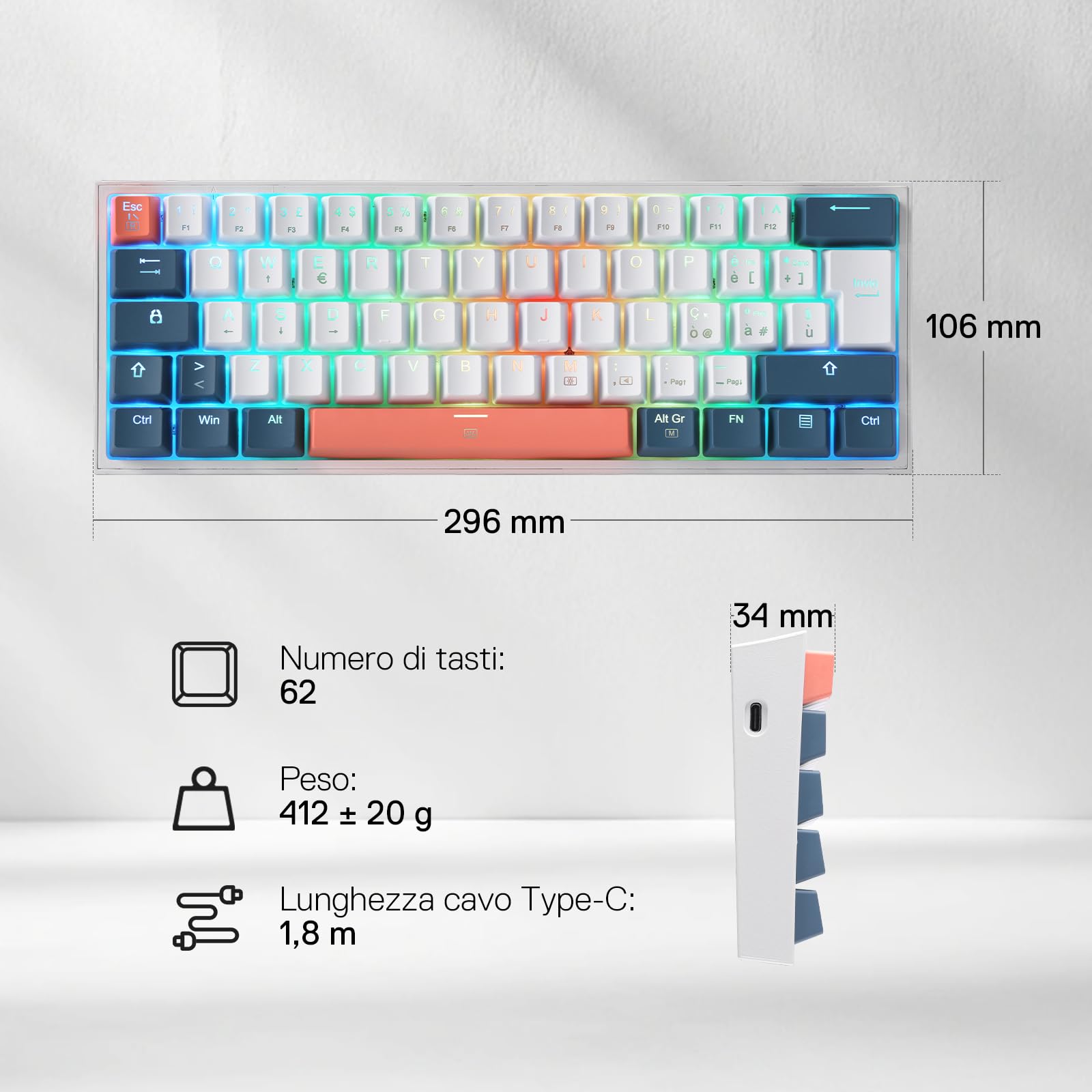 Tastiera da gioco Redragon K617 Fizz 60% con cavo e illuminazione RGB, layout QWERTY italiano