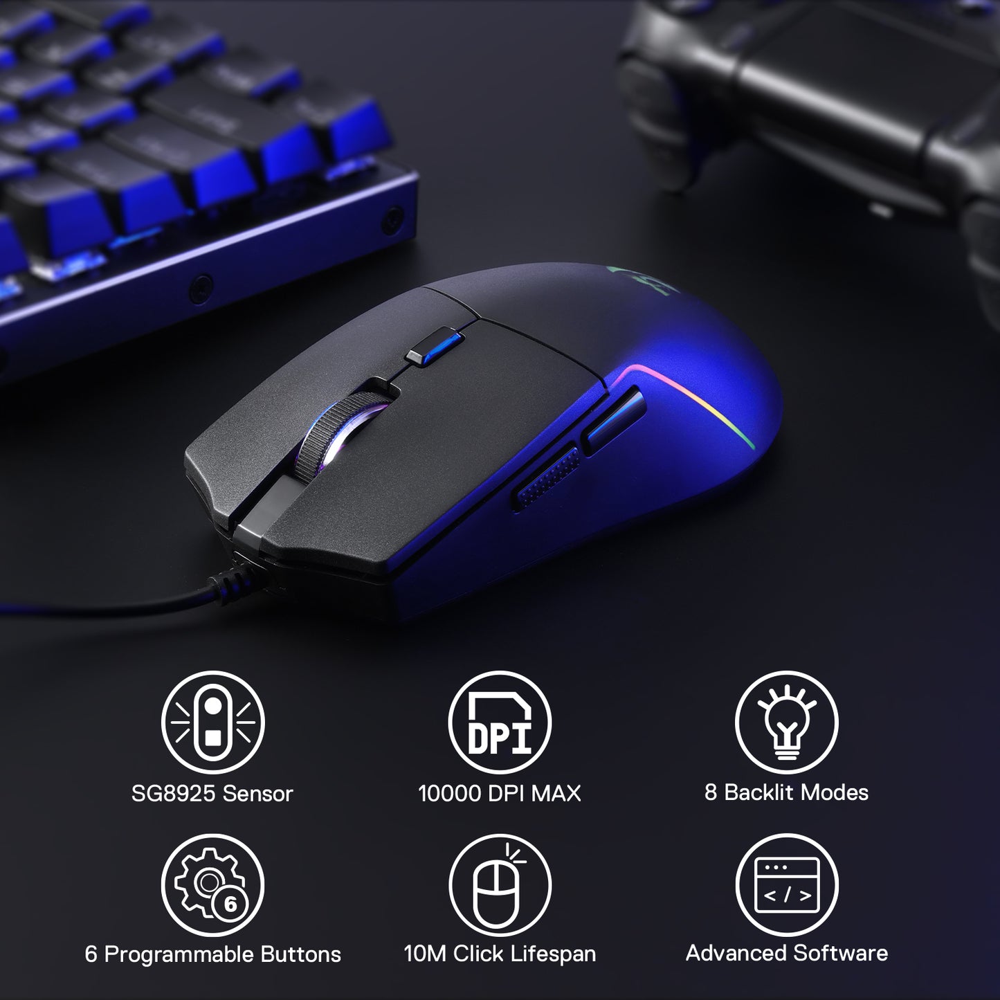 A black wired gaming mouse (with RGB backlighting) is shown next to a keyboard, with icons listing its features: SG8925 sensor, 10000 DPI, 8 backlit modes, 6 programmable buttons, 10M click lifespan, and advanced software.