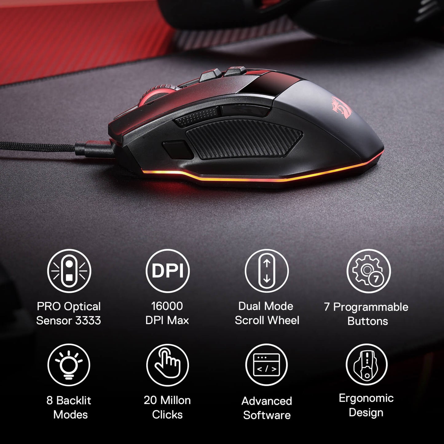 Redragon M813 Wired RGB Gaming Mouse with 4D Dual Mode Scroll Wheel, Optical Ergonomic Gamer Mouse with Max 16,000DPI, High Precision Sensor 3395, 7 Redefinable Macro Buttons, Software Supported