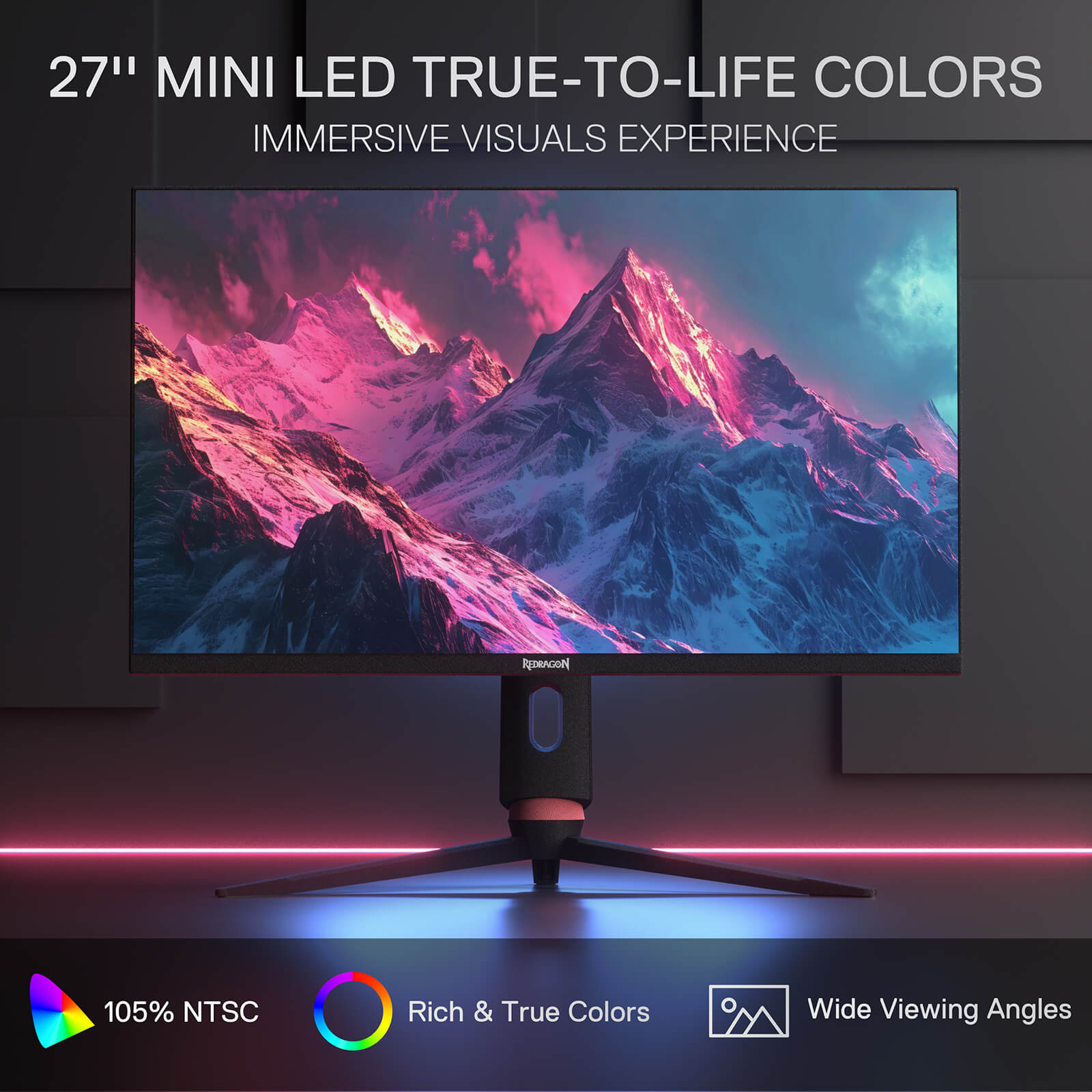 Redragon 27" 4K Flat Gaming Monitor - Mini-LED, UHD 3840x2560, 160Hz, 1ms Response Time, FreeSync Premium & G-Sync Compatibility, 105% NTSC, Tilt Adjustable, HDMI/DP/Type-C Compatible, VESA Wall Mount