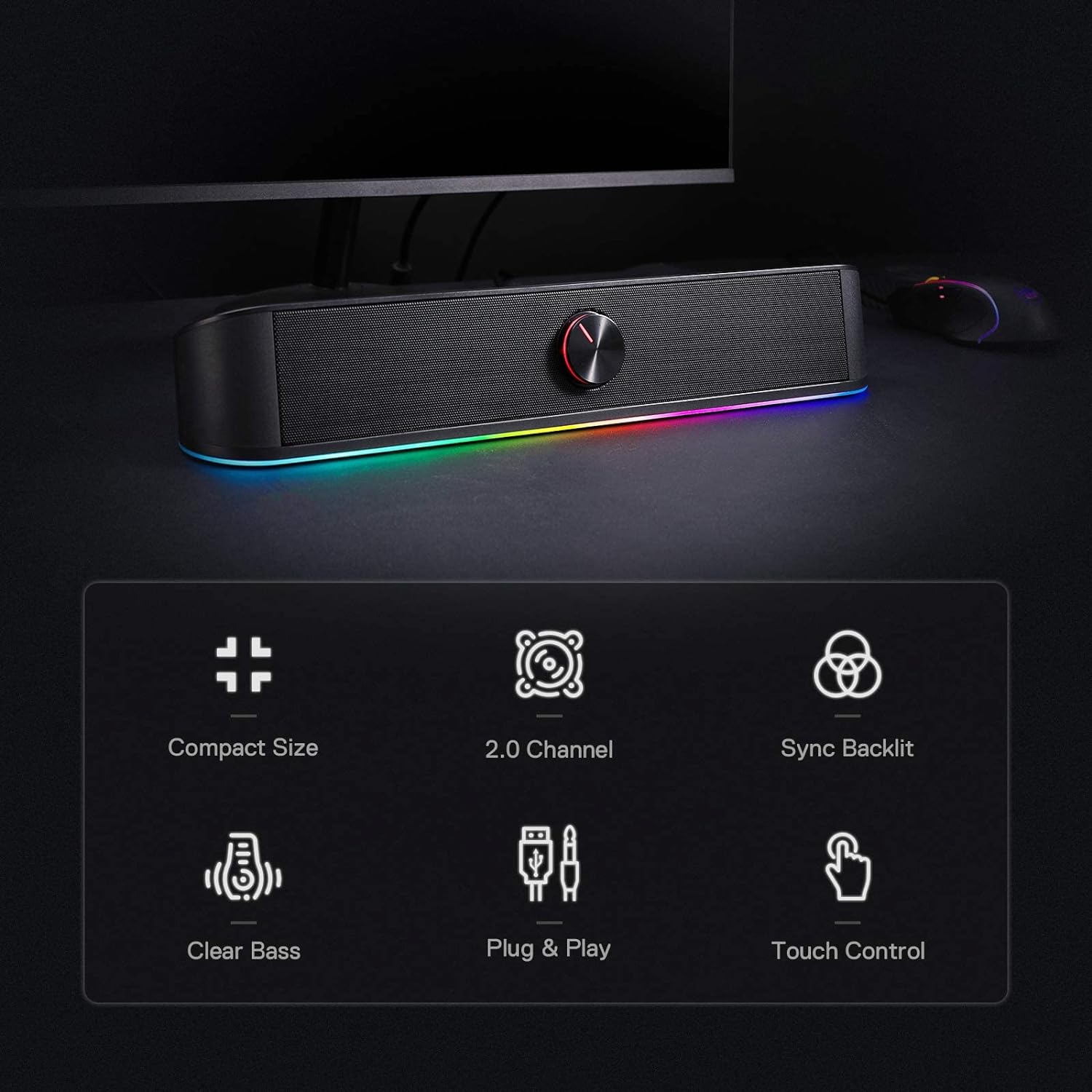 Redragon GS560 RGB Desktop Soundbar, 2.0 Channel Computer Speaker with Dynamic Lighting Bar Audio-Light Sync/Display, Touch-Control Backlit with Volume Knob, USB Powered w/ 3.5mm Cable, Black