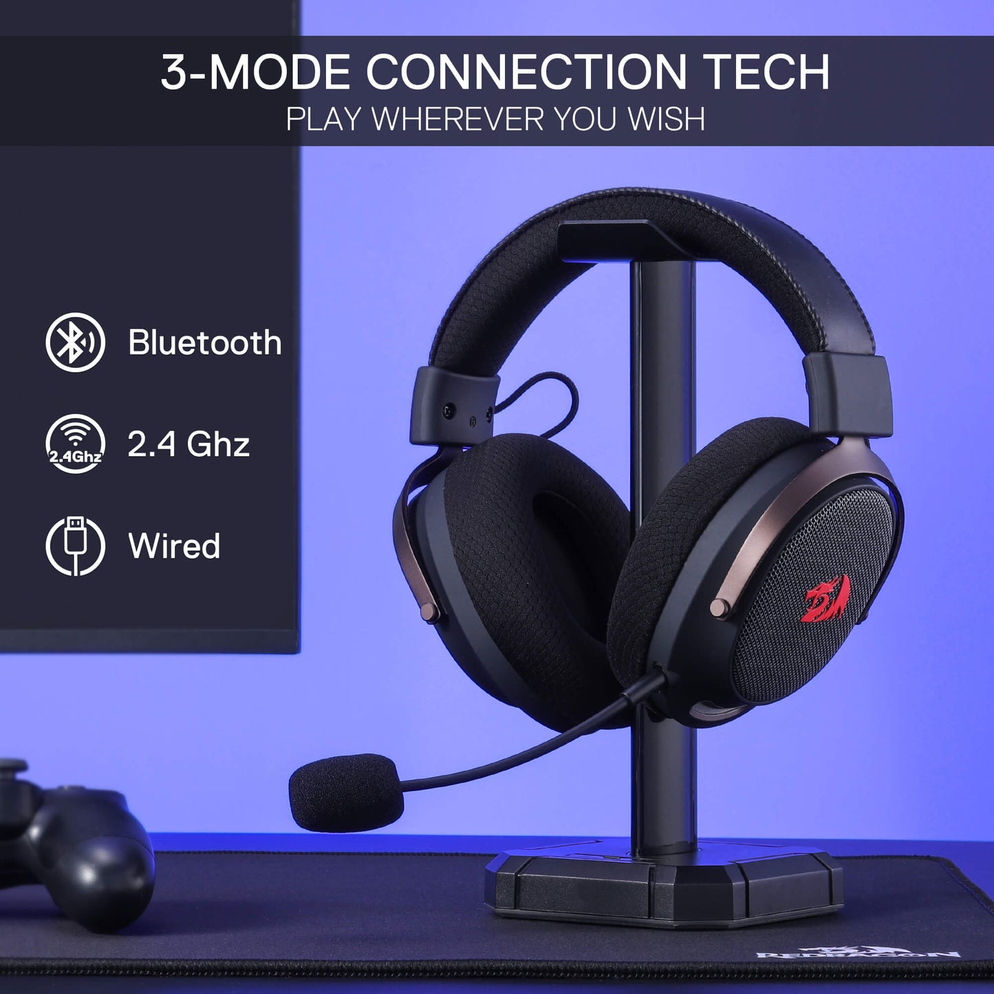 Redragon H858 3-Mode Wireless Gaming Headset, 7.1 Surround Sound, 53 mm Drivers, Memory Foam Ear Pads, Detachable Noise-canceling Microphone, Over-Ear Headphones Works for Mobile, PC/PS5/NS