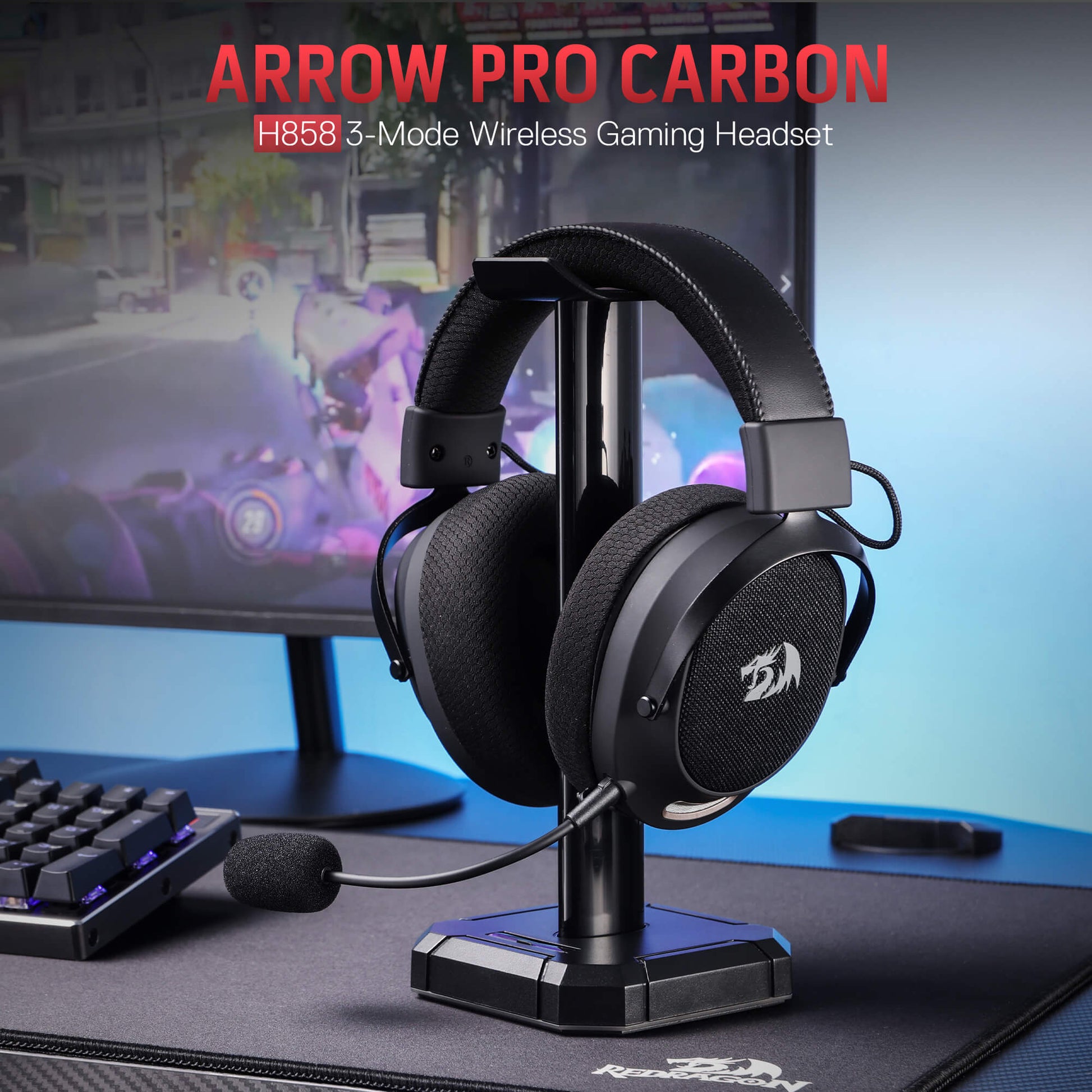 Redragon H858 3-Mode Wireless Gaming Headset, 7.1 Surround Sound, 53 mm Drivers, Memory Foam Ear Pads, Detachable Noise-canceling Microphone, Over-Ear Headphones Works for Mobile, PC/PS5/NS