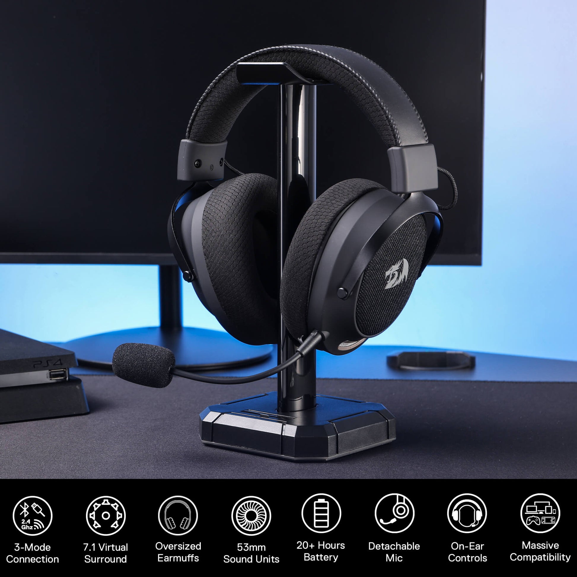 Redragon H858 Wireless Gaming Headset, 7.1 Surround Sound, 3-Mode 2.4GHz USB Gaming Headphones with Bluetooth 5.4, 20H Battery, Wireless Headset for PC PS5 PS4 Mac Switch