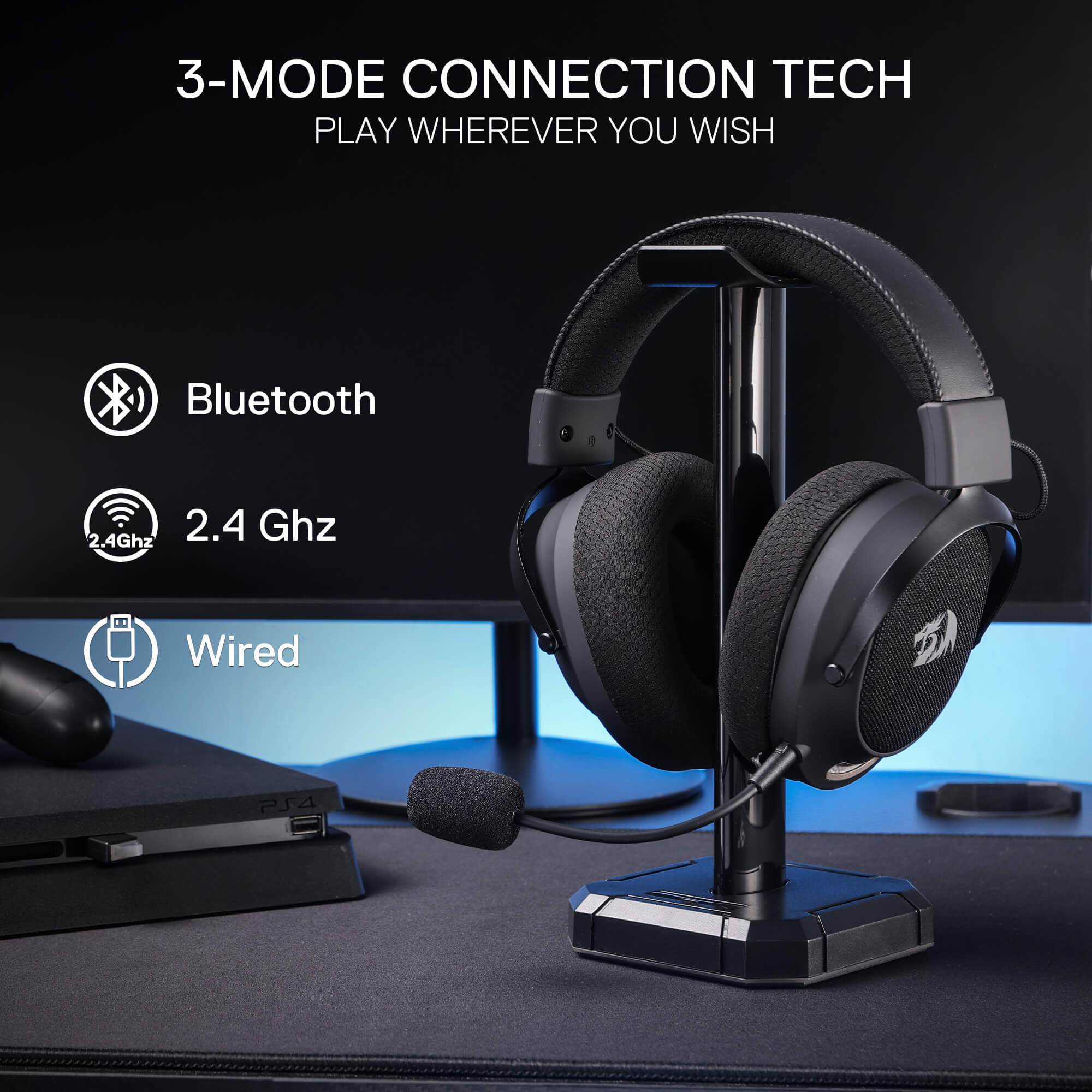 Redragon H858 Wireless Gaming Headset, 7.1 Surround Sound, 3-Mode 2.4GHz USB Gaming Headphones with Bluetooth 5.4, 20H Battery, Wireless Headset for PC PS5 PS4 Mac Switch