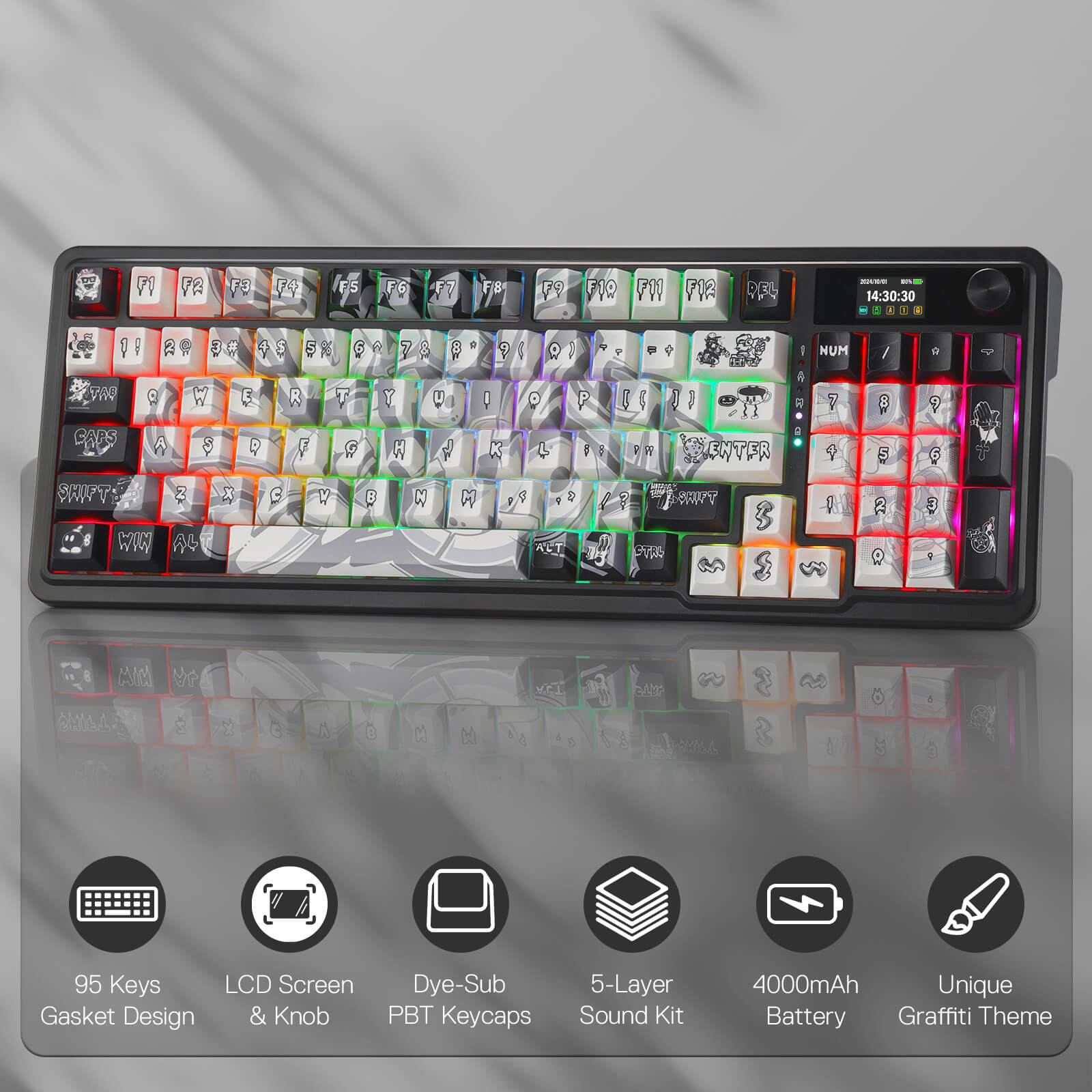 Graffiti-themed keyboard with customizable keycaps on a reflective surface