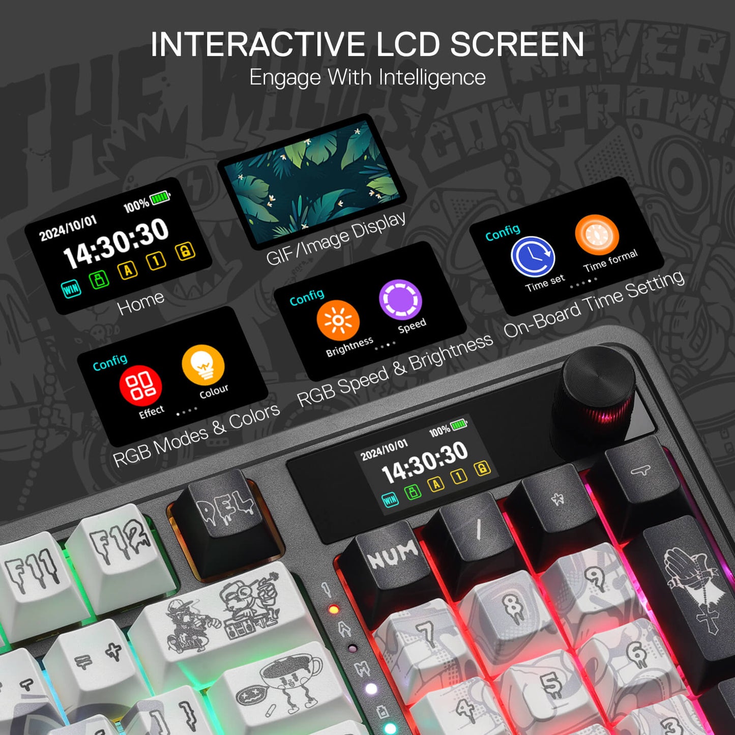Gaming keyboard with interactive LCD screen and customizable keys on a dark background.