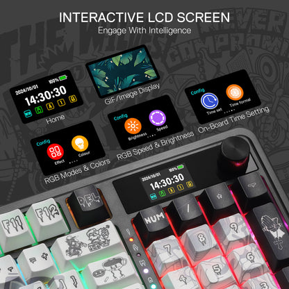 Gaming keyboard with interactive LCD screen and customizable keys on a dark background.