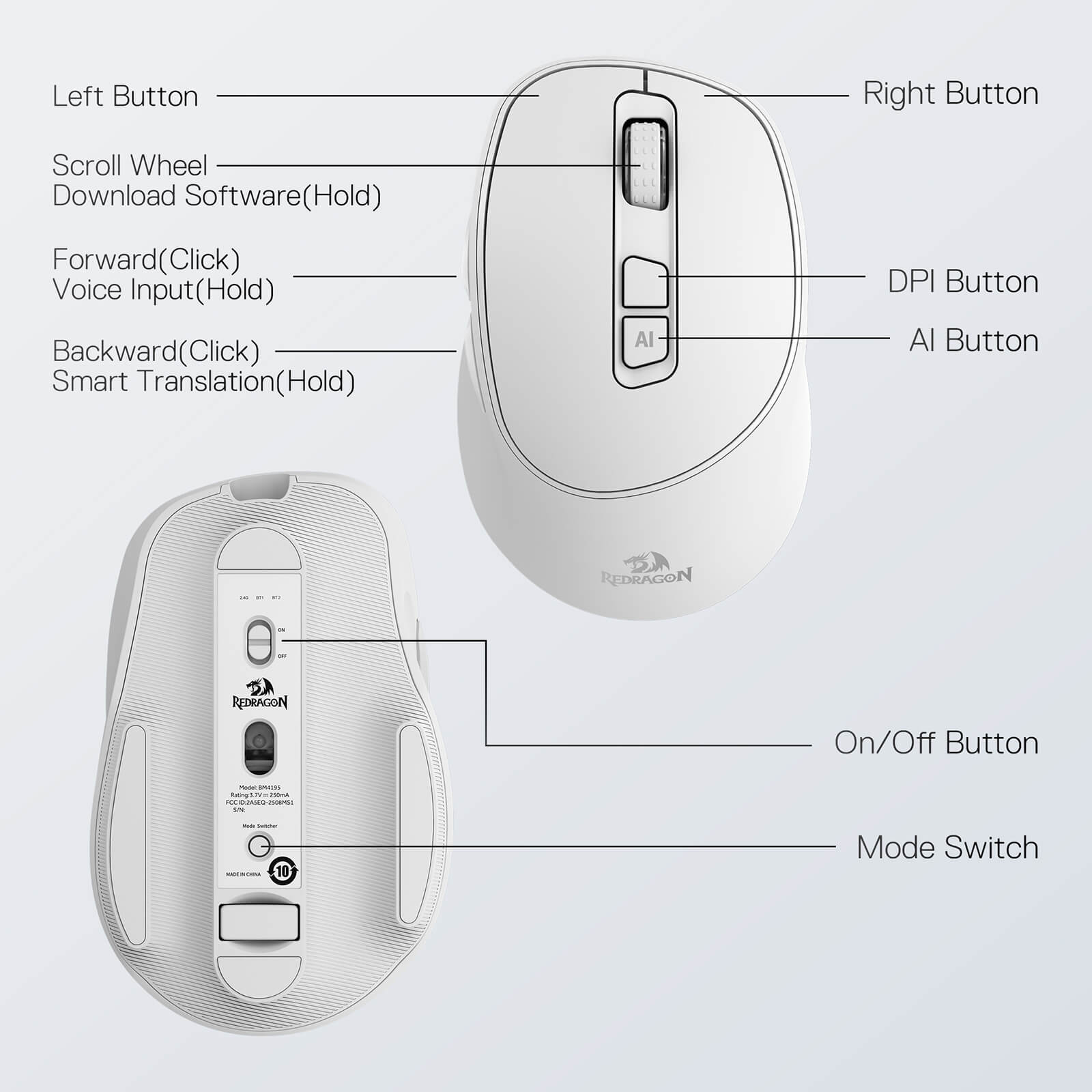 Technical diagram of a gaming mouse with labeled buttons on a light gray background