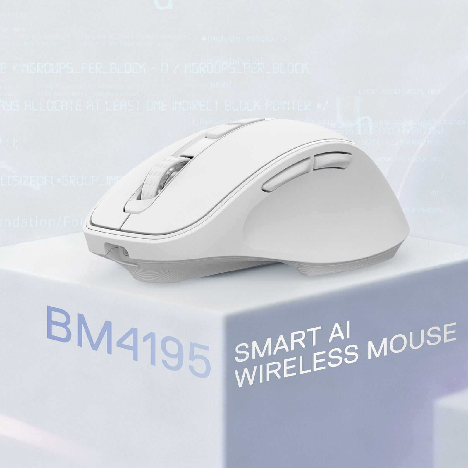 Redragon White smart AI wireless mouse on a light blue background with 'BM4195' branding.