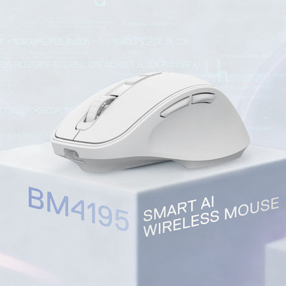 Redragon White smart AI wireless mouse on a light blue background with 'BM4195' branding.