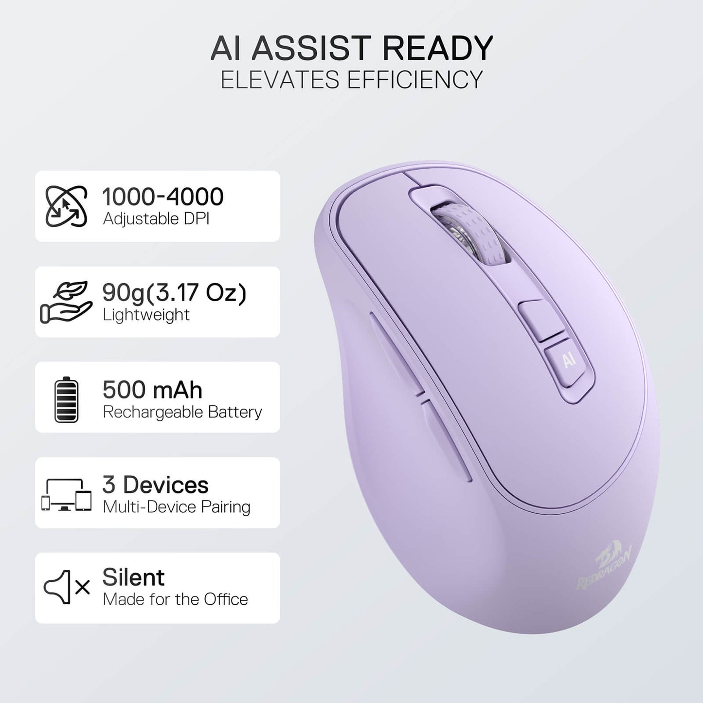 Redragon Purple computer mouse with features listed on a light gray background