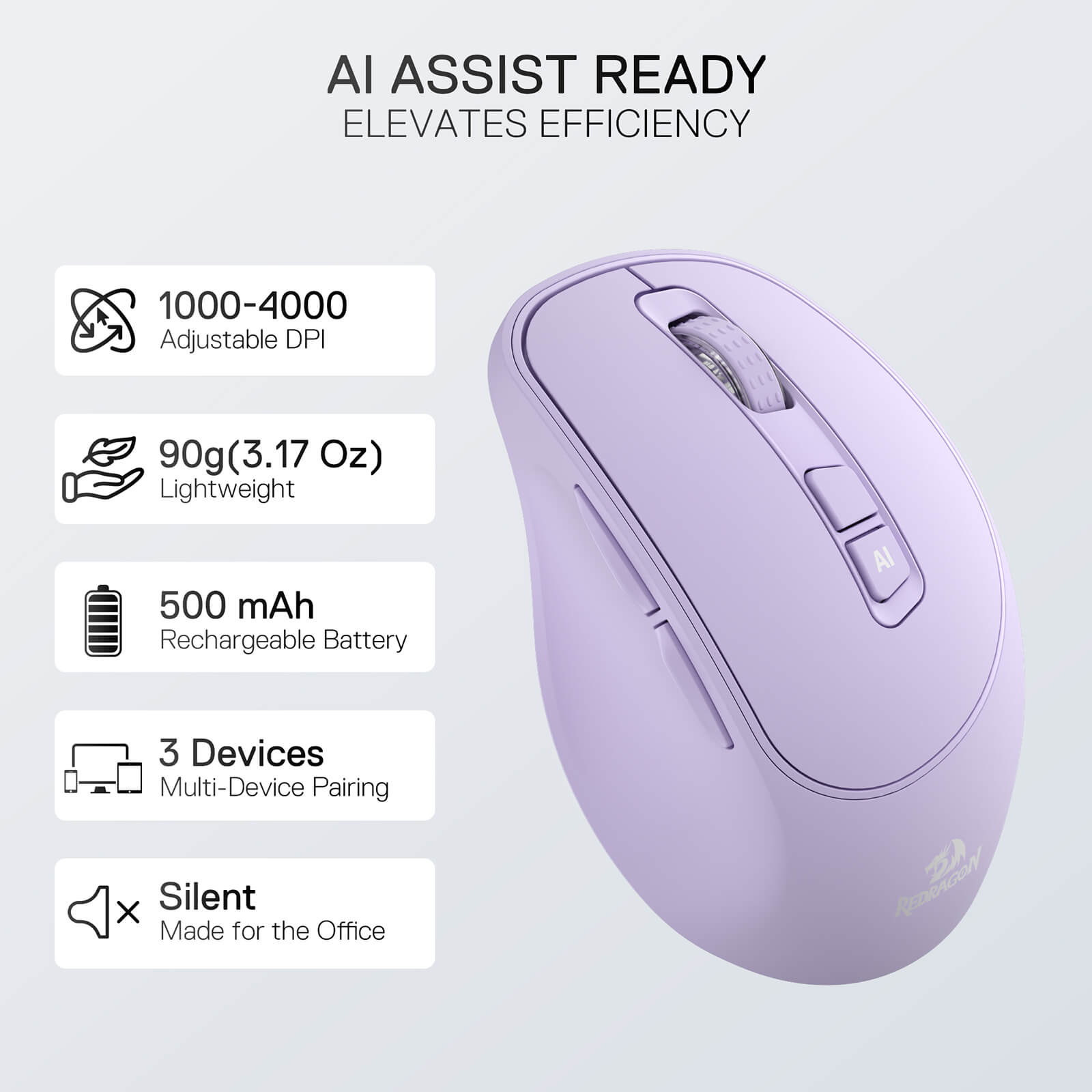 Redragon Purple computer mouse with features listed on a light gray background