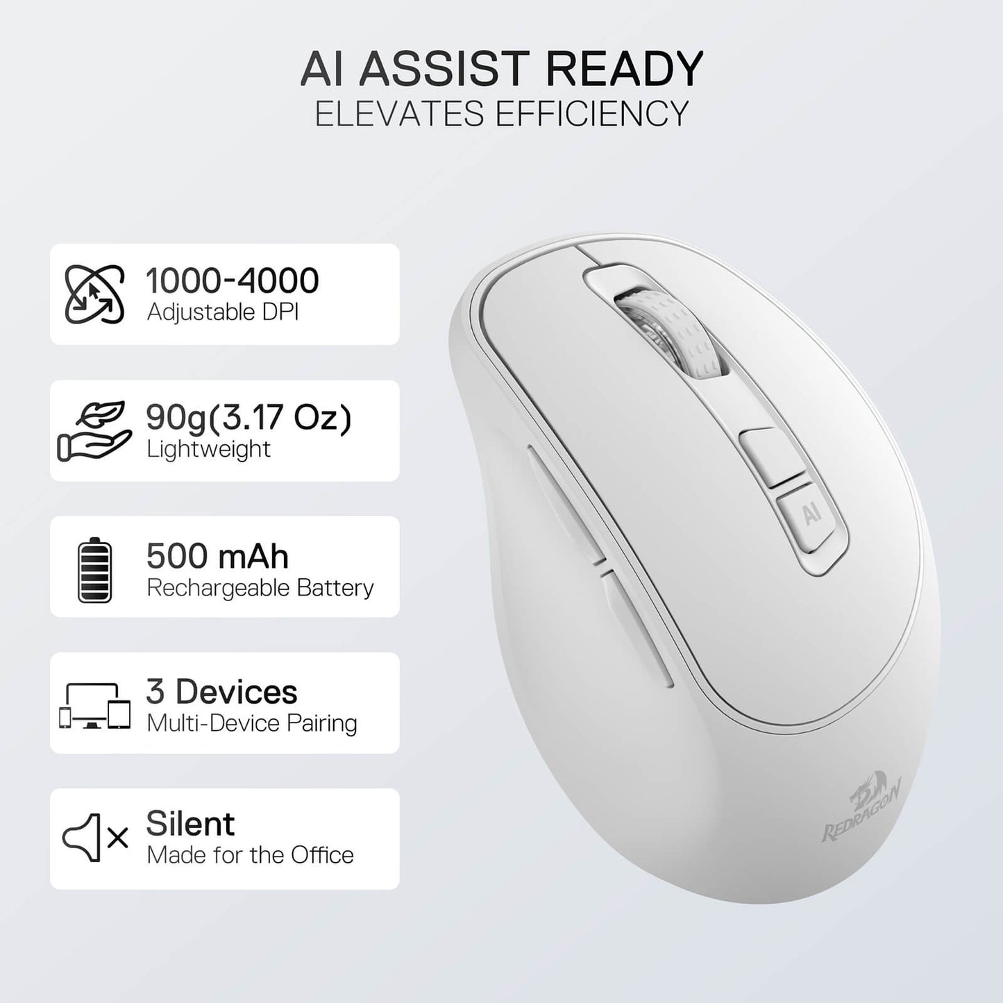 Redragon White computer mouse with features listed on a light gray background
