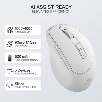 Redragon White computer mouse with features listed on a light gray background