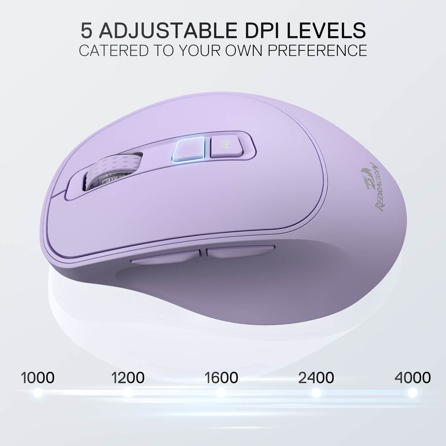 Redragon Purple computer mouse with adjustable DPI levels on a light gray background