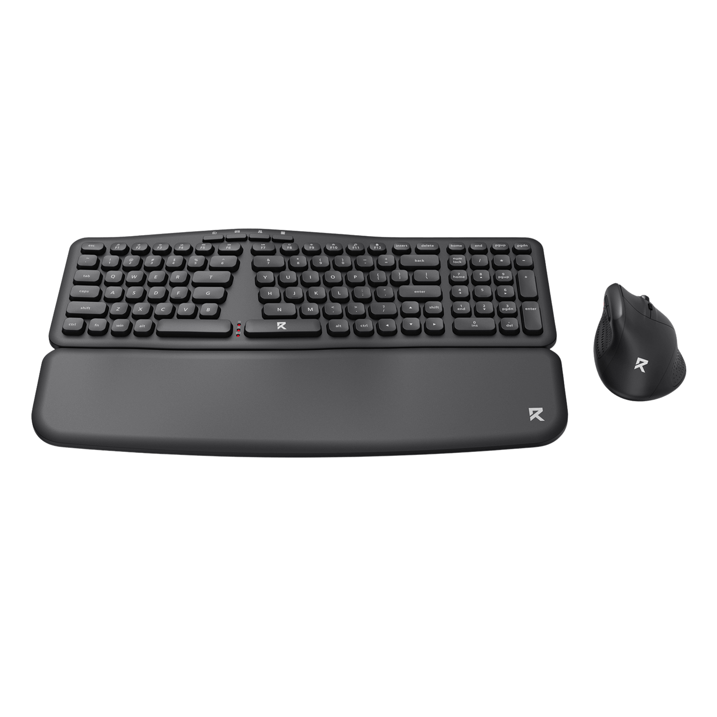 Black ergonomic keyboard and mouse set on a white background