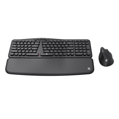 Black ergonomic keyboard and mouse set on a white background