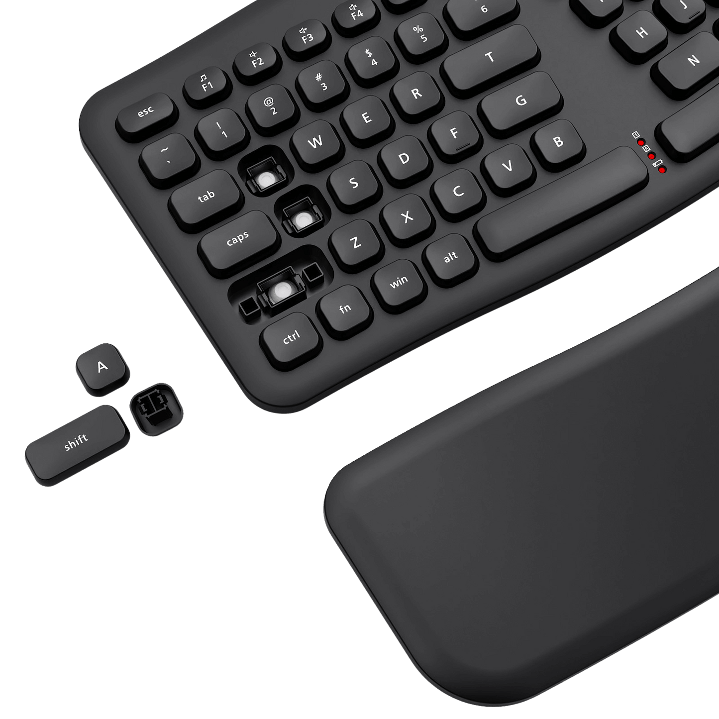 Black keyboard with key components on a black background
