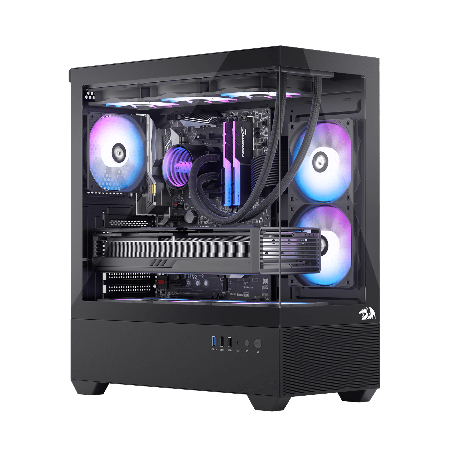 Redragon CA606 Gaming Back-Mounted PC Case, ATX Computer Chassis w/ 3 x 120mm Fans Pre-Installed & High Airflow Perforated Panels, 270° Full View, Easy Cable Management, Black