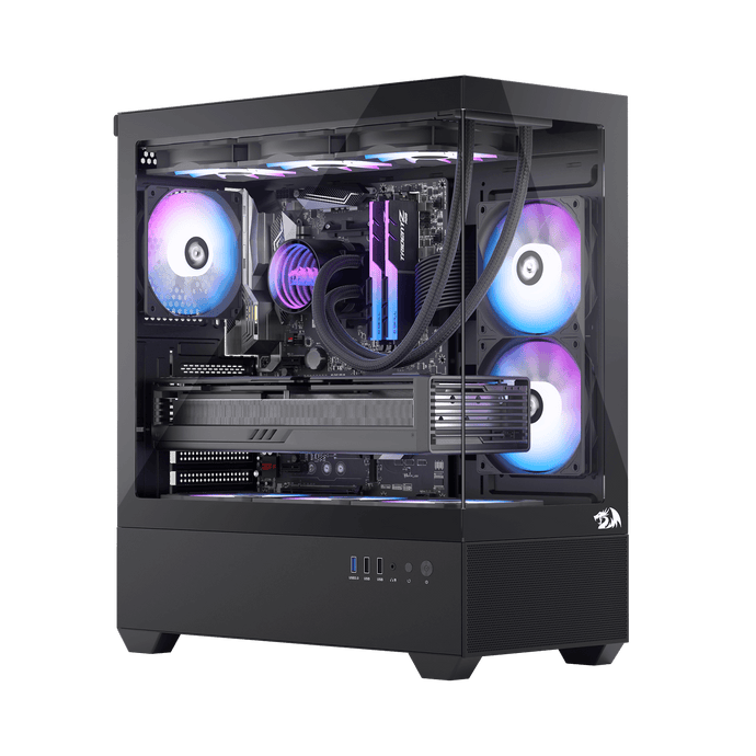 Redragon CA606 Gaming Back-Mounted PC Case, ATX Computer Chassis w/ 3 x 120mm Fans Pre-Installed & High Airflow Perforated Panels, 270° Full View, Easy Cable Management, Black