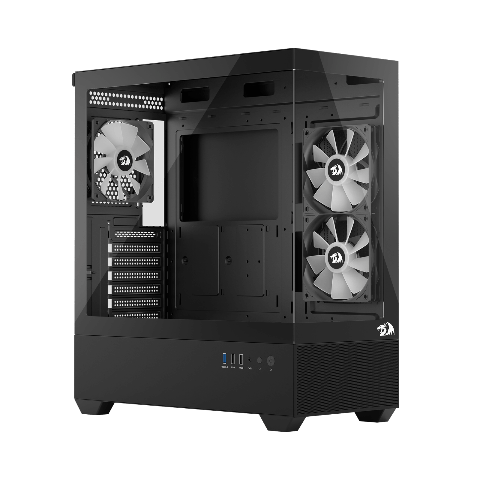 Redragon CA606 Gaming Back-Mounted PC Case, ATX Computer Chassis w/ 3 x 120mm Fans Pre-Installed & High Airflow Perforated Panels, 270° Full View, Easy Cable Management, Black