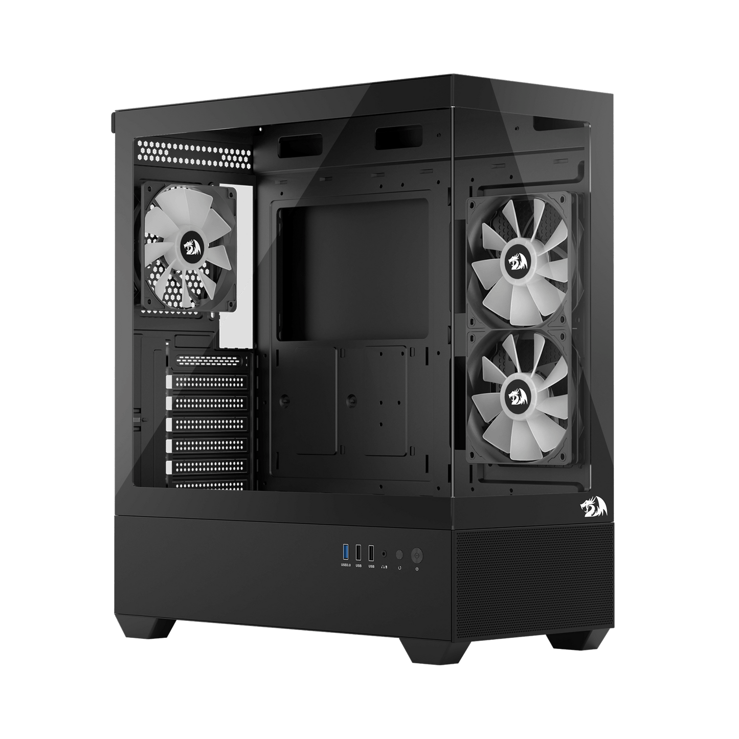 Redragon CA606 Gaming Back-Mounted PC Case, ATX Computer Chassis w/ 3 x 120mm Fans Pre-Installed & High Airflow Perforated Panels, 270° Full View, Easy Cable Management, Black