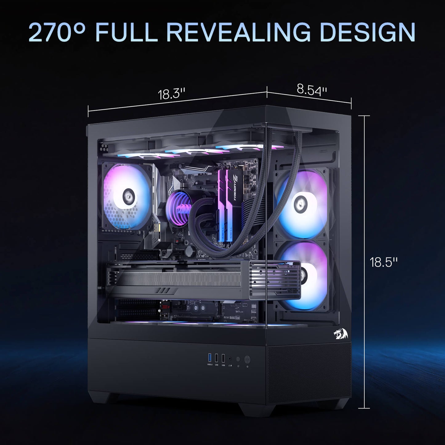 Redragon CA606 Gaming Back-Mounted PC Case, ATX Computer Chassis w/ 3 x 120mm Fans Pre-Installed & High Airflow Perforated Panels, 270° Full View, Easy Cable Management, Black