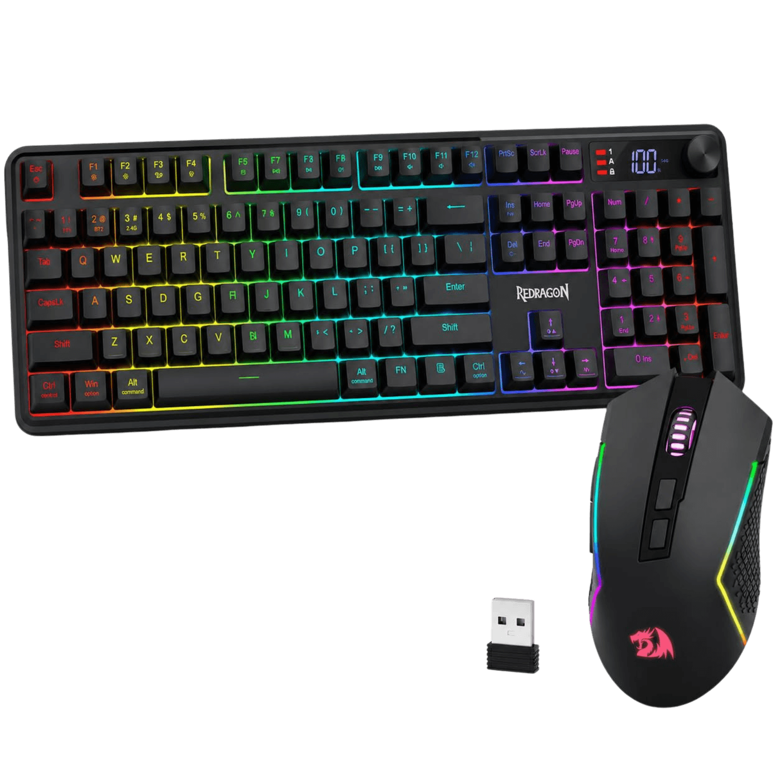 A black mechanical keyboard and matching computer mouse with RGB rainbow backlighting, shown on a solid black background alongside a small USB receiver. The keyboard features the brand name 'DEMANZON' on the spacebar area, and the mouse has a red dragon logo.