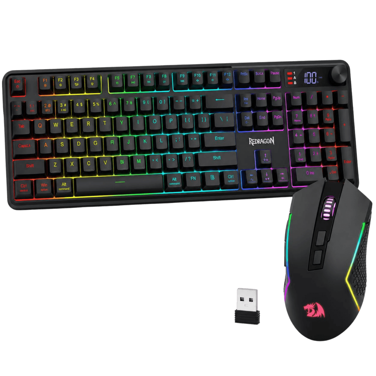A black mechanical keyboard and matching computer mouse with RGB rainbow backlighting, shown on a solid black background alongside a small USB receiver. The keyboard features the brand name 'DEMANZON' on the spacebar area, and the mouse has a red dragon logo.