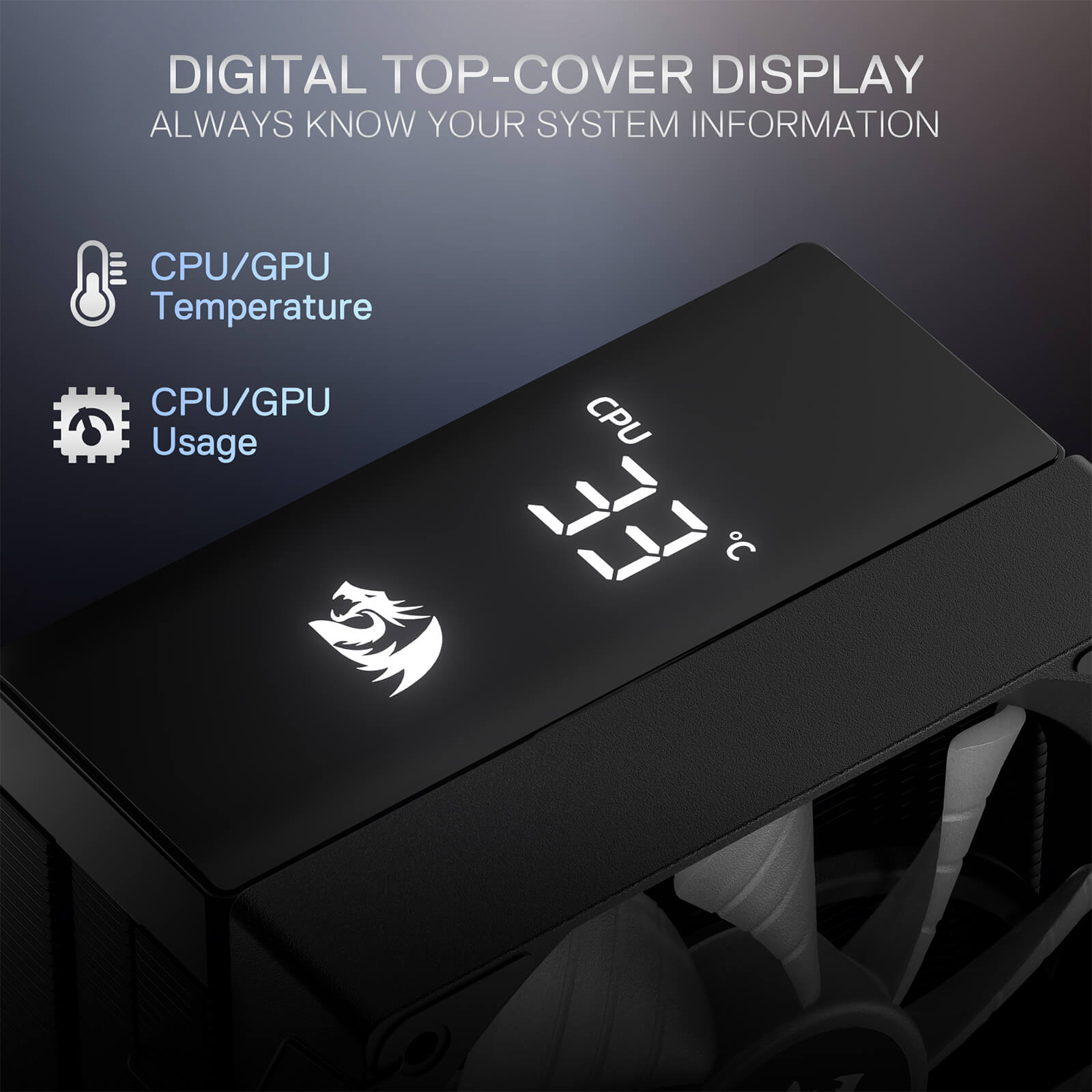Digital top-cover display on a computer case with temperature and usage information.