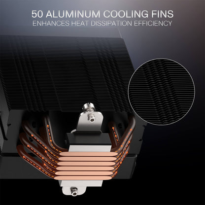 Computer cooling system with 50 aluminum cooling fins and text highlighting efficiency.