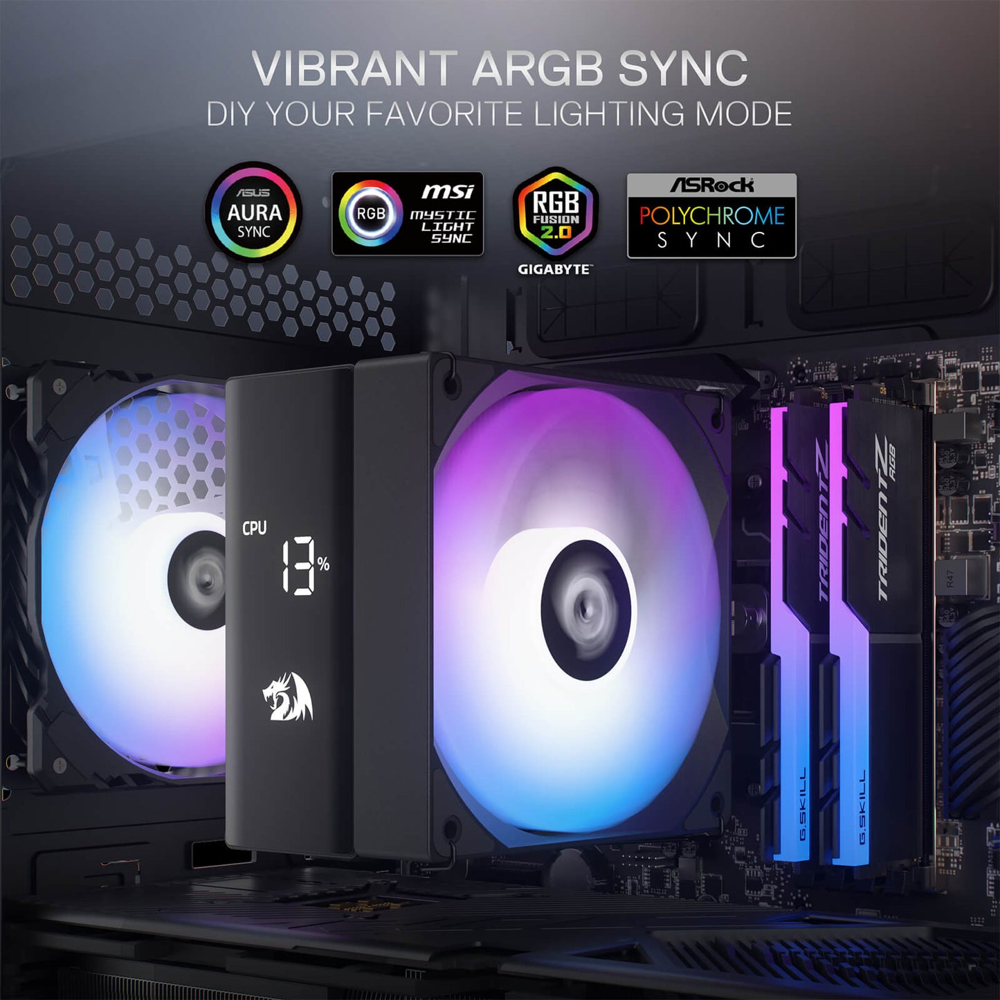 Redragon Computer hardware with RGB lighting and brand compatibility logos on a dark background